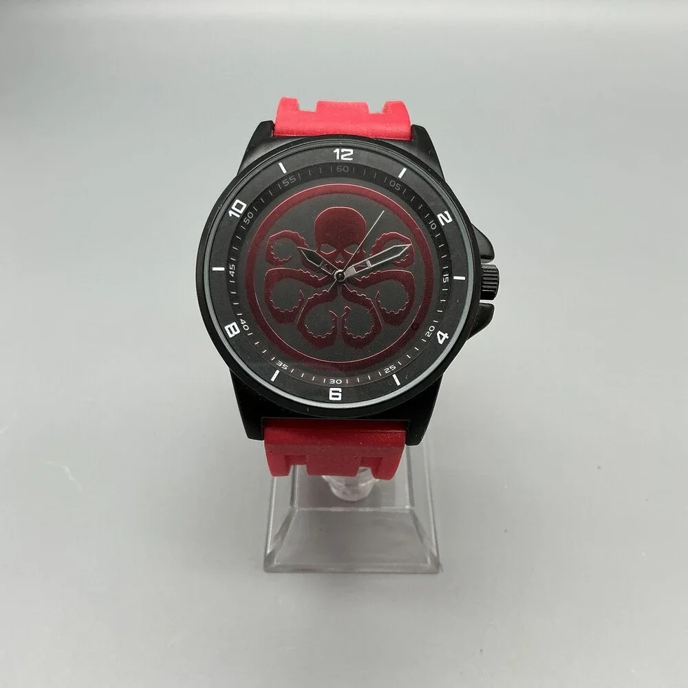 Marvel Mens Watch 42mm Black Hydra Logo Dial Red Silicone AAV1361 New Battery